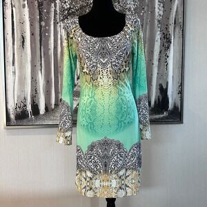 Hale Bob Womens Bohemian Long Sleeve Bodycon Snake-print Scoop Neck Dress - M